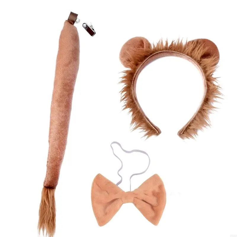 652F 3pieces Creative Performances Lion Ear Hairband Bowtie Tail Adult Taking Photo Headbands Halloween Carnivals Hair Hoop
