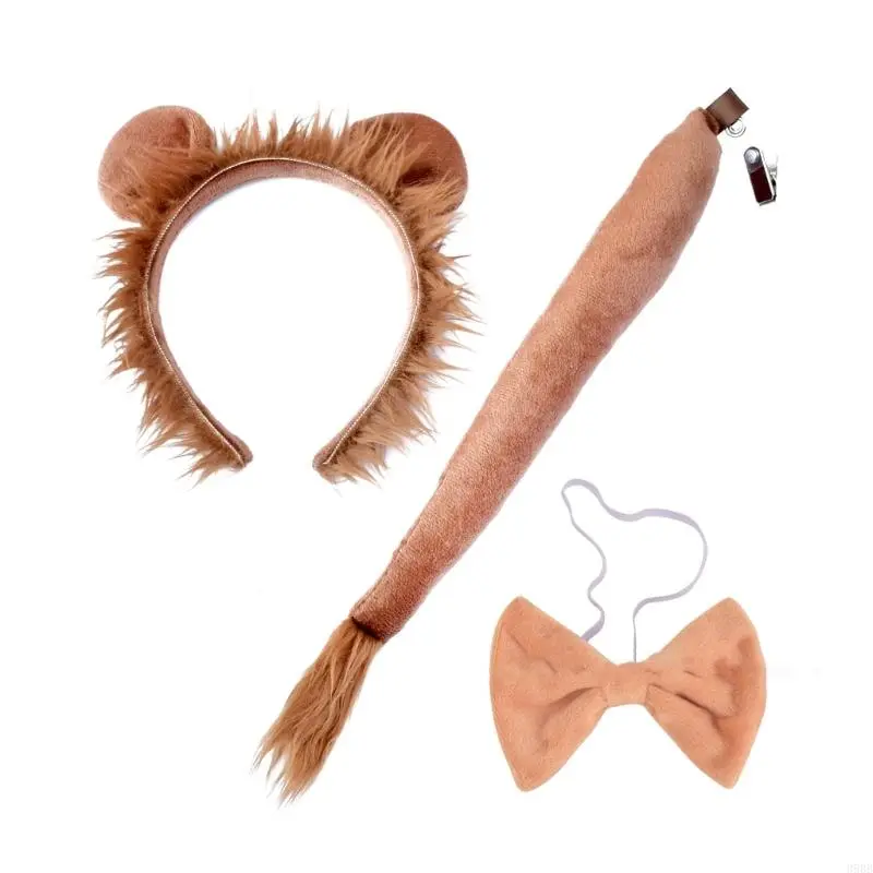 652F 3pieces Creative Performances Lion Ear Hairband Bowtie Tail Adult Taking Photo Headbands Halloween Carnivals Hair Hoop
