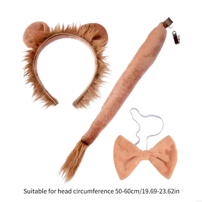 652F 3pieces Creative Performances Lion Ear Hairband Bowtie Tail Adult Taking Photo Headbands Halloween Carnivals Hair Hoop
