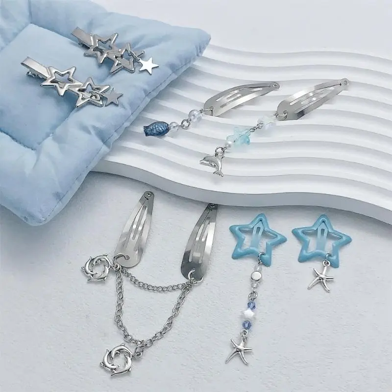 652F 7Pcs Tassels Star Hairclip Creative Ocean Theme Chain Hair Clip Side Pin Hair Styling Accessory All Age Hair Decoration