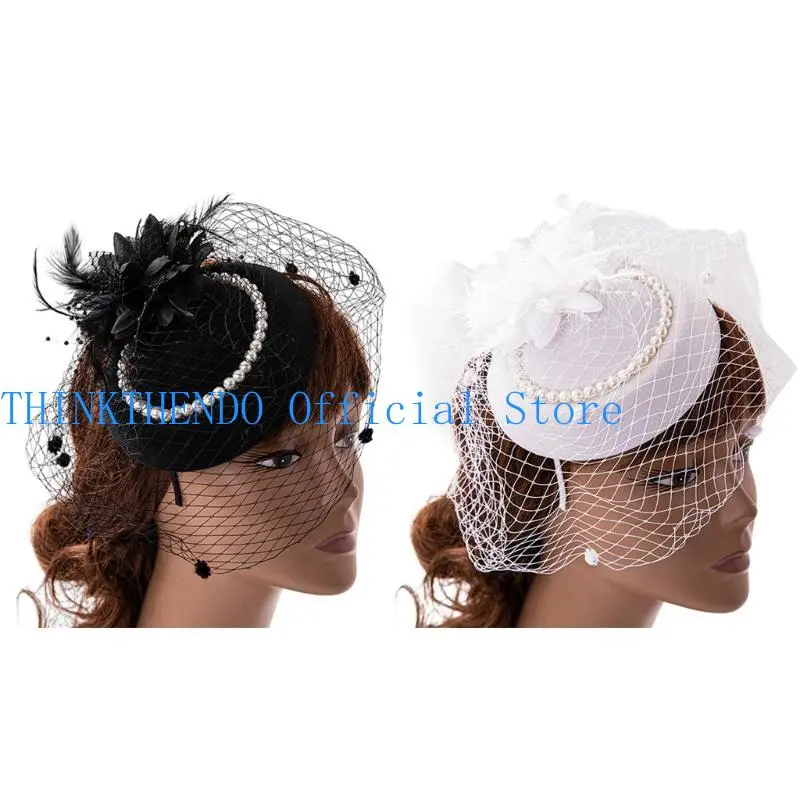 652F Party Fascinator Derby Hat Women Fascinator Headband Veil Fascinator Derby Pillbox Hat Cocktail Veil Mesh