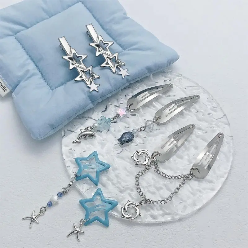 652F 7Pcs Tassels Star Hairclip Creative Ocean Theme Chain Hair Clip Side Pin Hair Styling Accessory All Age Hair Decoration