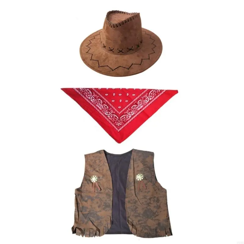Cow-boy Costumes Set Includes Vests Hat Scarf Cos-play Costume Accessories for Women Men Halloween Party Dress-up