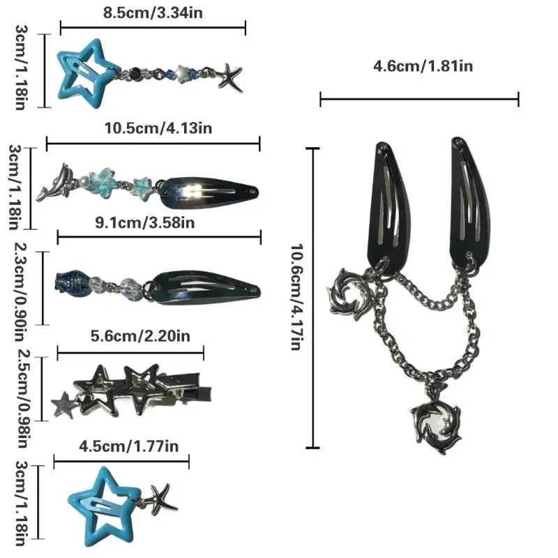 652F 7Pcs Tassels Star Hairclip Creative Ocean Theme Chain Hair Clip Side Pin Hair Styling Accessory All Age Hair Decoration