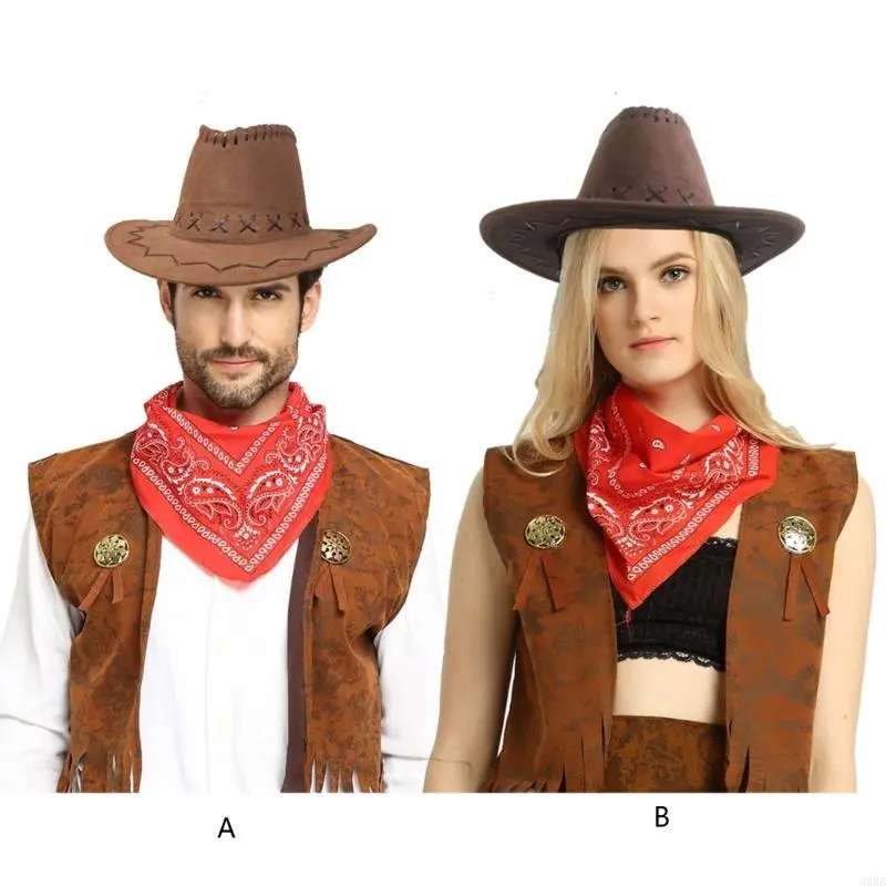 Cow-boy Costumes Set Includes Vests Hat Scarf Cos-play Costume Accessories for Women Men Halloween Party Dress-up