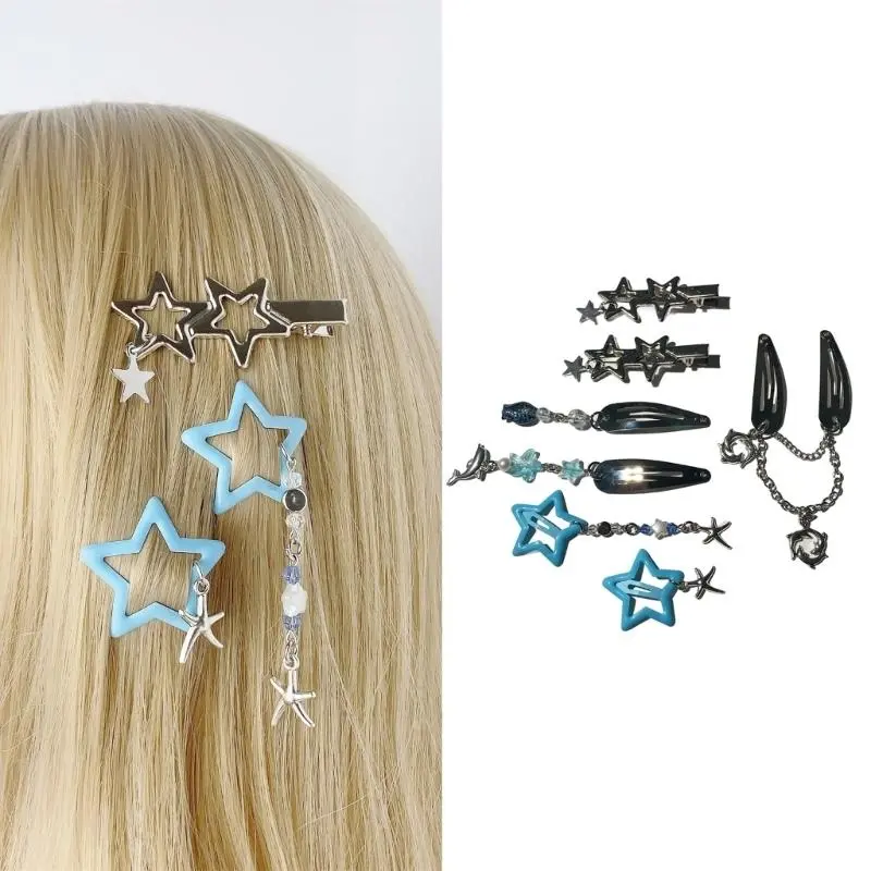 652F 7Pcs Tassels Star Hairclip Creative Ocean Theme Chain Hair Clip Side Pin Hair Styling Accessory All Age Hair Decoration