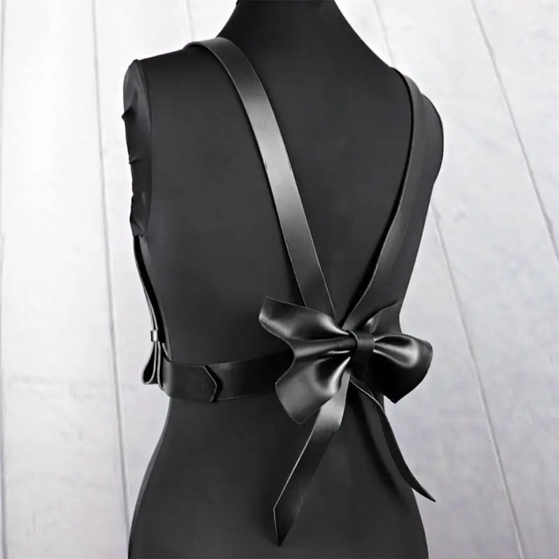 652F Punk PU Belt Adjustable Straps with Bowknot Suspenders Belt for Women Teenagers Casual