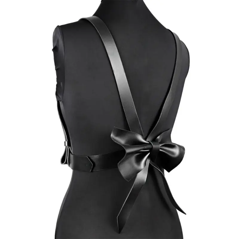652F Punk PU Belt Adjustable Straps with Bowknot Suspenders Belt for Women Teenagers Casual