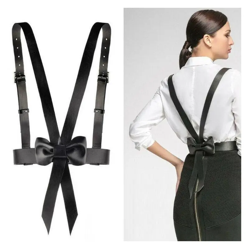 652F Punk PU Belt Adjustable Straps with Bowknot Suspenders Belt for Women Teenagers Casual