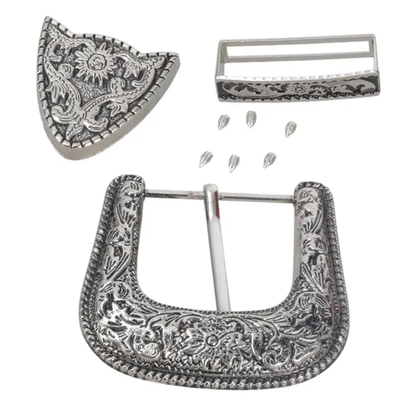 652F Ethnic Belt Three Pieces Set Pin Buckle Metal Printing Waist Accessory Retro Waist Band Buckle Head Ornament
