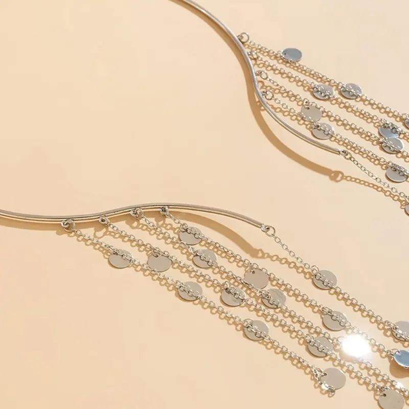 652F Fashionable Faux Coin Tassels Necklace for Ladies Jewelry Idol Costume Modern Layered for Idol Dancer