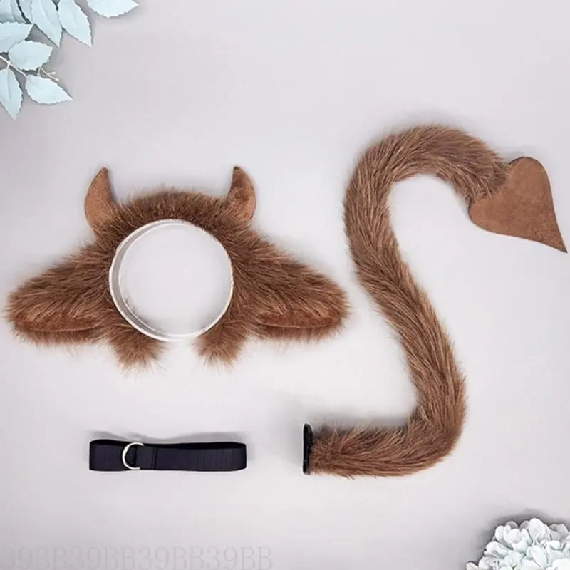 39BB Yak Ears Headband with Yak Tail Animal Yak Costume Set Halloween Cosplay Costume