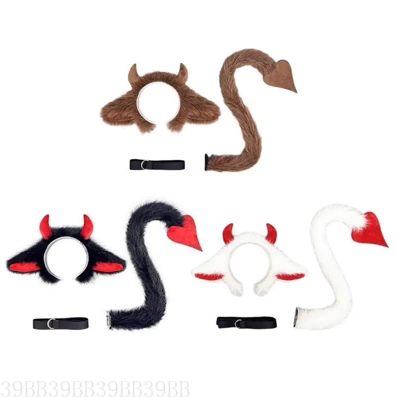 39BB Yak Ears Headband with Yak Tail Animal Yak Costume Set Halloween Cosplay Costume
