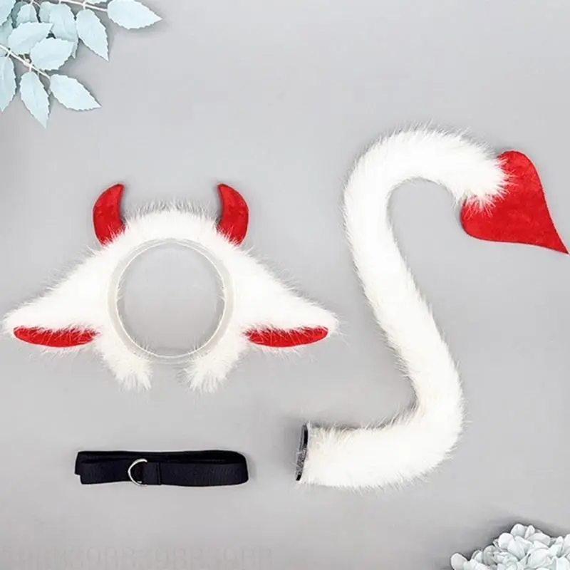 39BB Yak Ears Headband with Yak Tail Animal Yak Costume Set Halloween Cosplay Costume