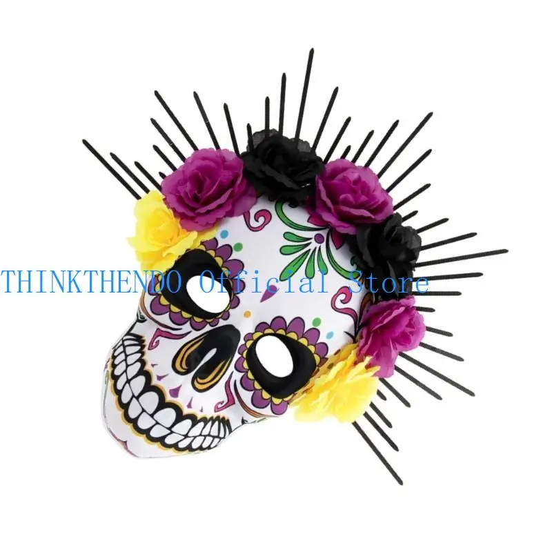 652F Day of The Dead Mask Sugar Skull Mask with Rose Decorations Masquerade Mask for Halloween Cosplay Party Costume Gifts