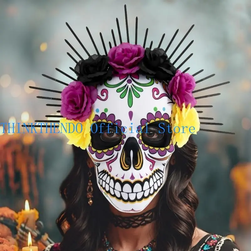 652F Day of The Dead Mask Sugar Skull Mask with Rose Decorations Masquerade Mask for Halloween Cosplay Party Costume Gifts