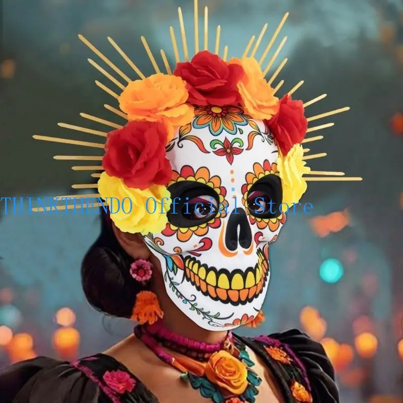 652F Day of The Dead Mask Sugar Skull Mask with Rose Decorations Masquerade Mask for Halloween Cosplay Party Costume Gifts