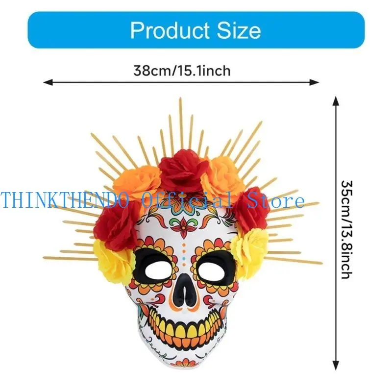 652F Day of The Dead Mask Sugar Skull Mask with Rose Decorations Masquerade Mask for Halloween Cosplay Party Costume Gifts