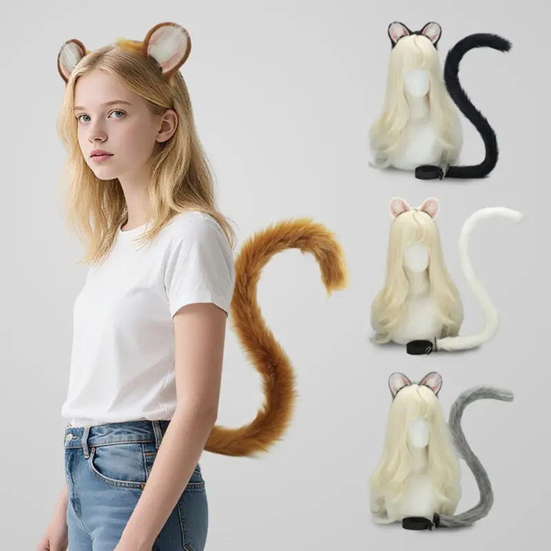 652F 1Pc Mouse Ears Headband Faux Furs Tail Animal Ears Headbands Short Mouse Tail Halloween Cosplay Costume Mouse Costumes