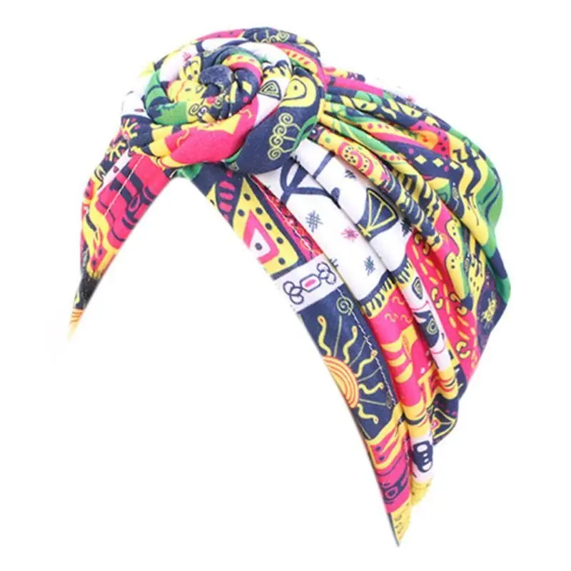 652F Women Knotted Elastic Turban Beanie for Head Scarf Wrap Chemo Print Stretch Hijab Hat for Cancer Pati