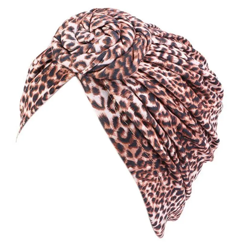 652F Women Knotted Elastic Turban Beanie for Head Scarf Wrap Chemo Print Stretch Hijab Hat for Cancer Pati