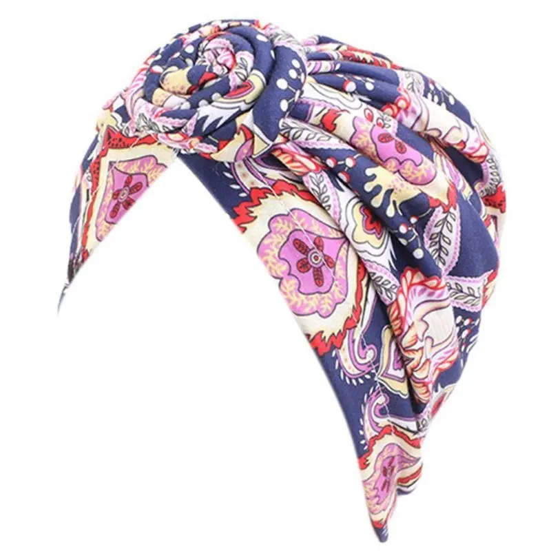 652F Women Knotted Elastic Turban Beanie for Head Scarf Wrap Chemo Print Stretch Hijab Hat for Cancer Pati