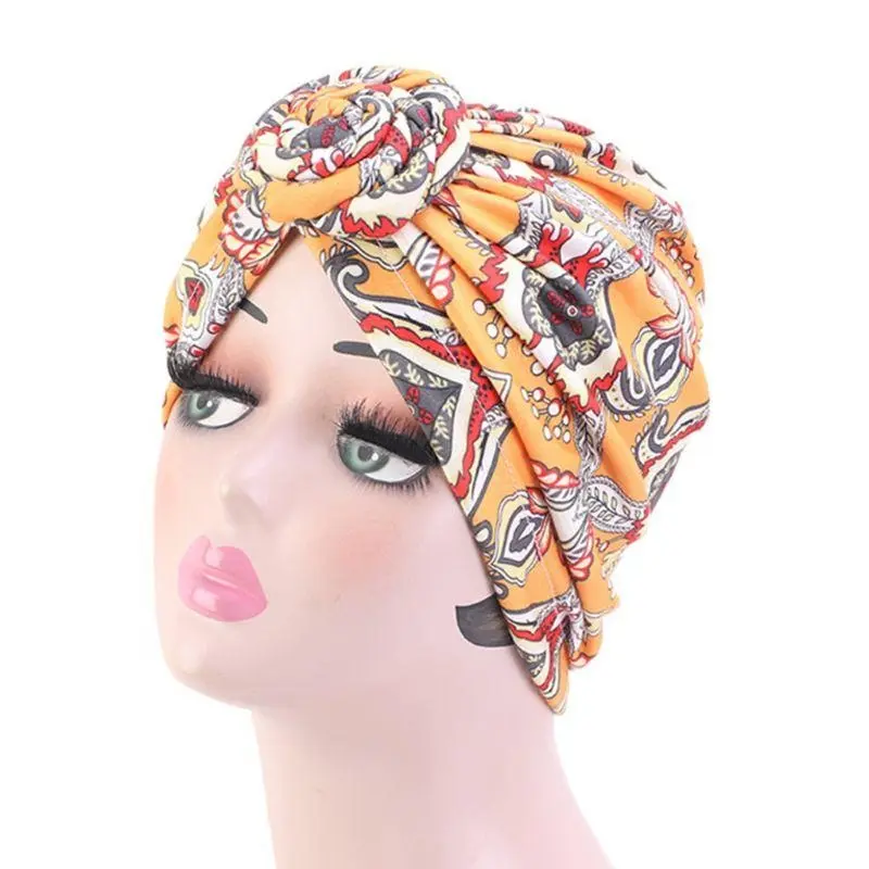 652F Women Knotted Elastic Turban Beanie for Head Scarf Wrap Chemo Print Stretch Hijab Hat for Cancer Pati