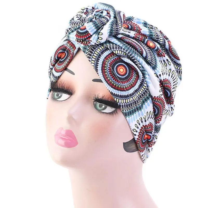 652F Women Knotted Elastic Turban Beanie for Head Scarf Wrap Chemo Print Stretch Hijab Hat for Cancer Pati