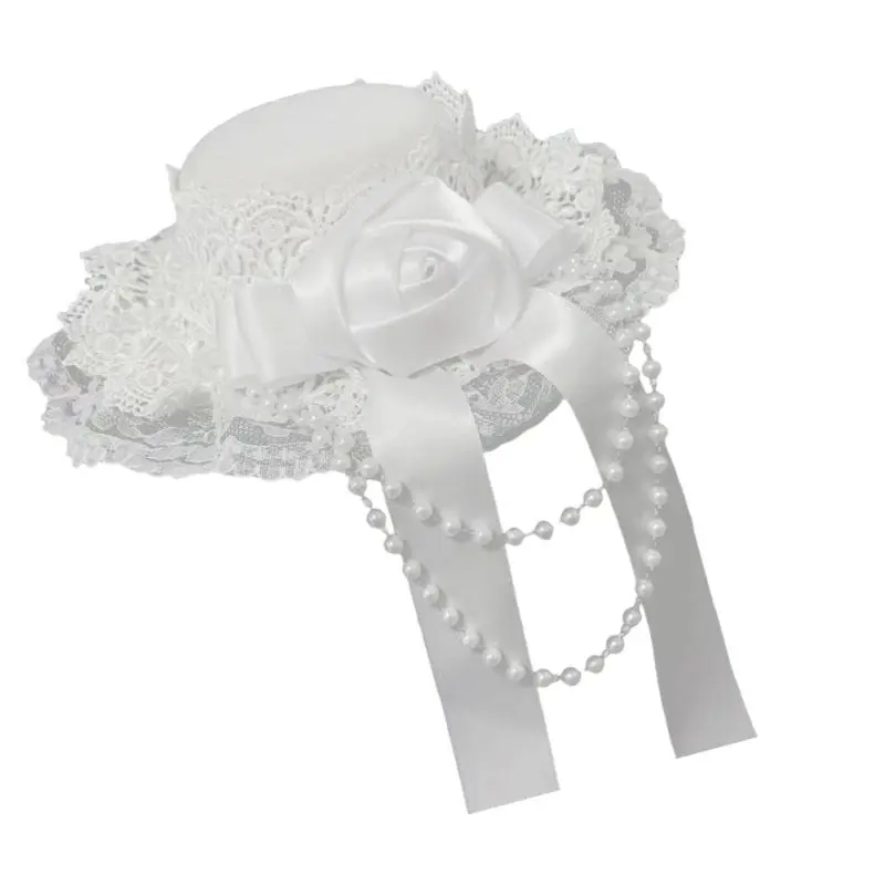 652F Gothic Lolitas Top Hat Hair Clips Headdress Rose Lace Beaded Headwear Subcultures Hair Accessories Halloween Cosplay