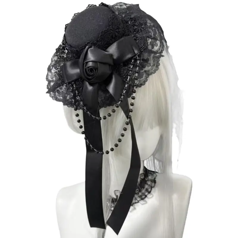 652F Gothic Lolitas Top Hat Hair Clips Headdress Rose Lace Beaded Headwear Subcultures Hair Accessories Halloween Cosplay
