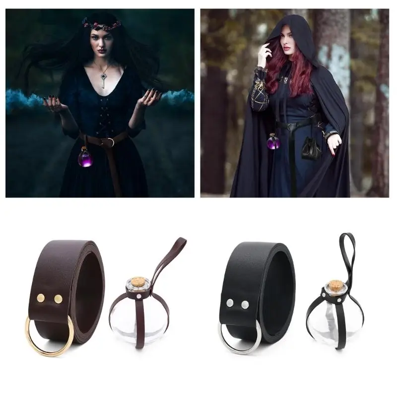 652F Medieval Leather Side Pack Leather Belt Potion Bottle Medieval Wizard Waist Bag Medieval Belt Pouches For Halloween