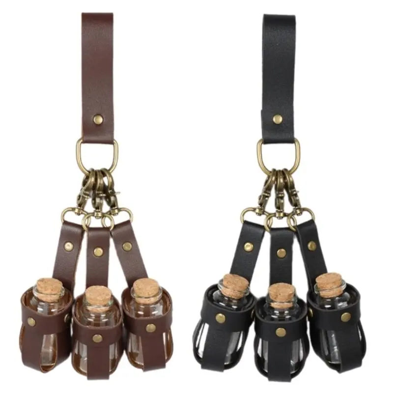 652F Halloween Witch Potion Bottle Wizard Potions Glass Holder with Cork Stopper and Leather Harness for Women Men