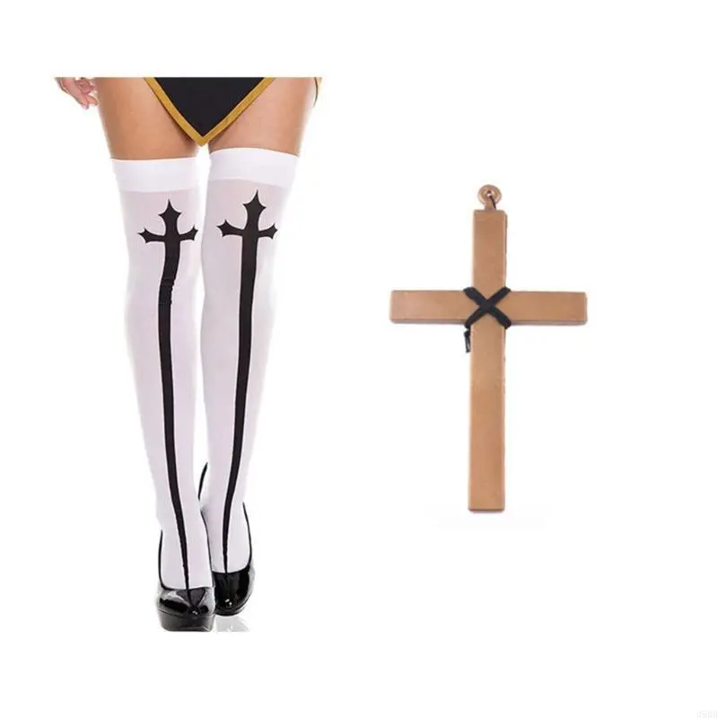 39BB Nun Costume Set,Nun Hat,Nun Collar,Cross Pendent Necklace,Thigh High Socks for Halloween Cosplay Carnival Theme Party