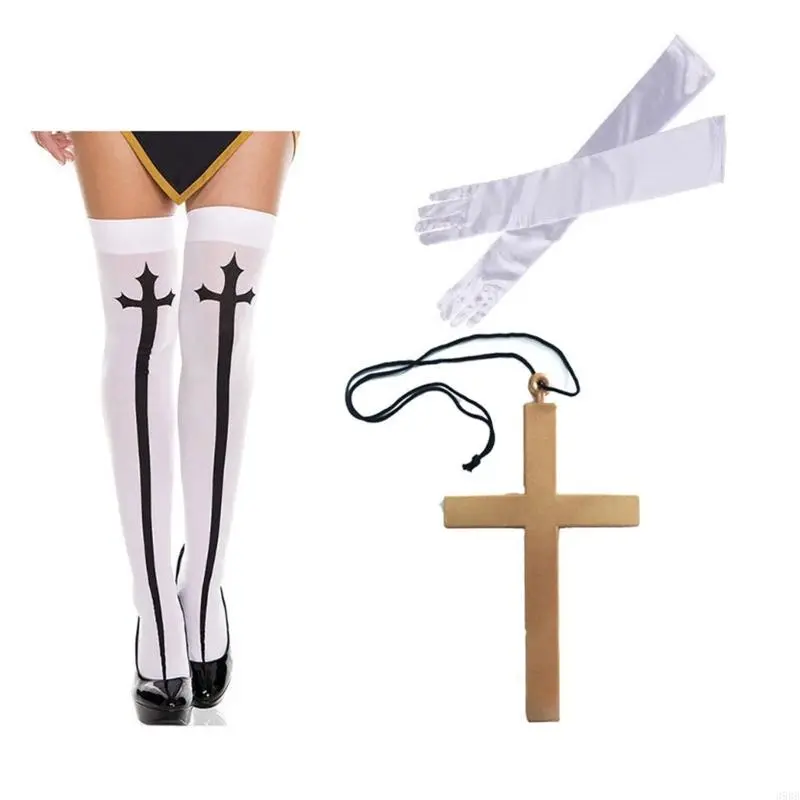 39BB Nun Costume Set,Nun Hat,Nun Collar,Cross Pendent Necklace,Thigh High Socks for Halloween Cosplay Carnival Theme Party