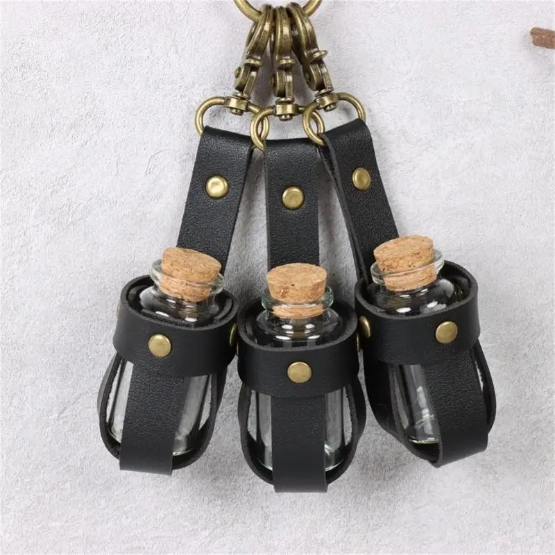 652F Halloween Witch Potion Bottle Wizard Potions Glass Holder with Cork Stopper and Leather Harness for Women Men