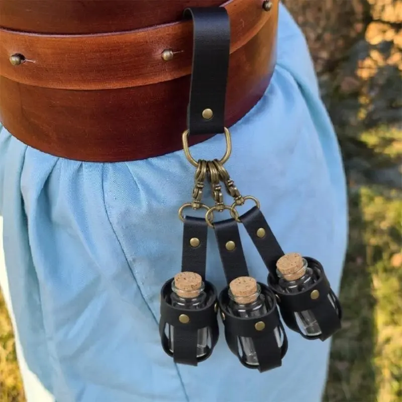652F Halloween Witch Potion Bottle Wizard Potions Glass Holder with Cork Stopper and Leather Harness for Women Men