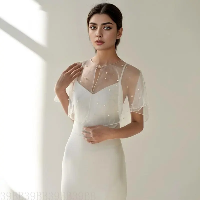 39BB Luxurious Bridal Shawl with Pearls and Rhinestones Decoration for Wedding Party