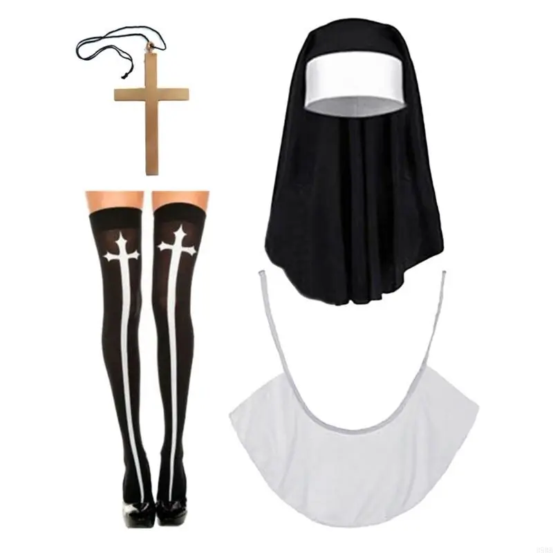 39BB Nun Costume Set,Nun Hat,Nun Collar,Cross Pendent Necklace,Thigh High Socks for Halloween Cosplay Carnival Theme Party