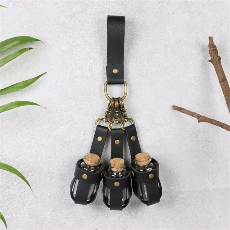 652F Halloween Witch Potion Bottle Wizard Potions Glass Holder with Cork Stopper and Leather Harness for Women Men