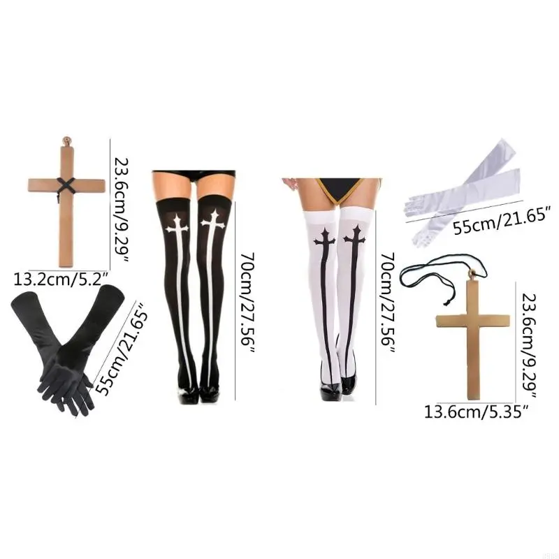 39BB Nun Costume Set,Nun Hat,Nun Collar,Cross Pendent Necklace,Thigh High Socks for Halloween Cosplay Carnival Theme Party