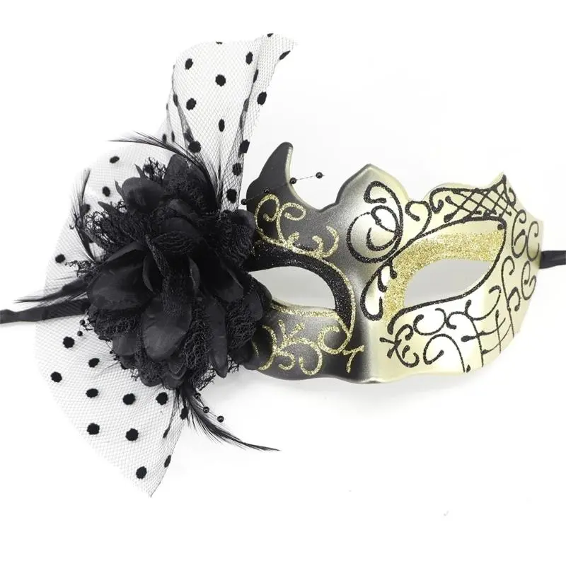 652F Feathered Masquerade Mask Halloween Party Eye Mask Flower Decoration Masquerade Half Face Mask for Women Cosplay