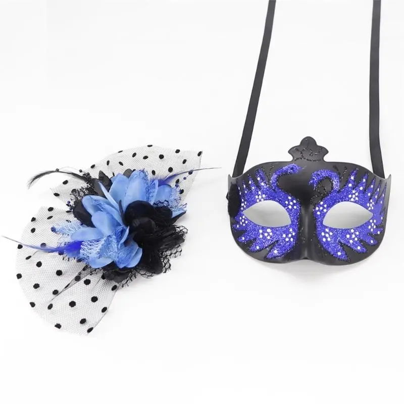 652F Feathered Masquerade Mask Halloween Party Eye Mask Flower Decoration Masquerade Half Face Mask for Women Cosplay