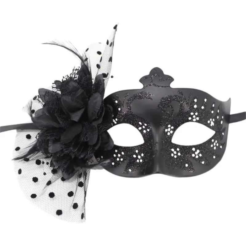 652F Feathered Masquerade Mask Halloween Party Eye Mask Flower Decoration Masquerade Half Face Mask for Women Cosplay
