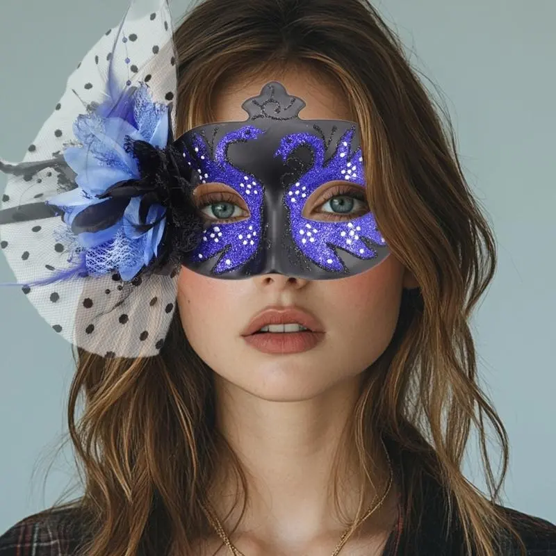 652F Feathered Masquerade Mask Halloween Party Eye Mask Flower Decoration Masquerade Half Face Mask for Women Cosplay