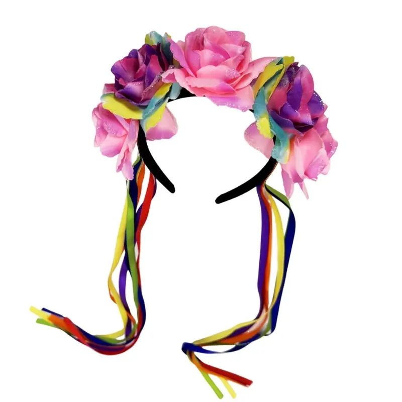 652F Rose Rainbow Floral Hairband Hair Hoop Gothic Flower Tassels Hair Styling for Live Show Headbands Gothic Carnivals