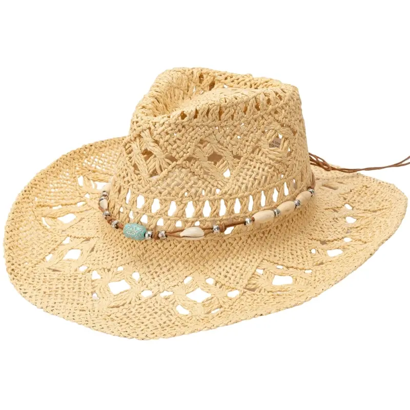 652F Breathable Bead Band Straw Hat Women Bohemian Vacation Hat Wide Brims Travel Panama Hat Beachwear Hat for Leisure Outfit