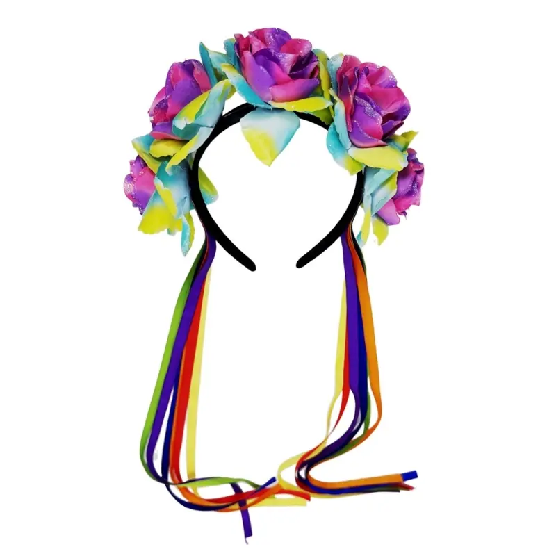 652F Rose Rainbow Floral Hairband Hair Hoop Gothic Flower Tassels Hair Styling for Live Show Headbands Gothic Carnivals