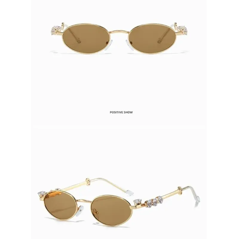 652F Hip Hop Rhinestones Sunglasses Stylish Decorative Eye Glasses Oval Frame Metal Live Show Party Photo Props