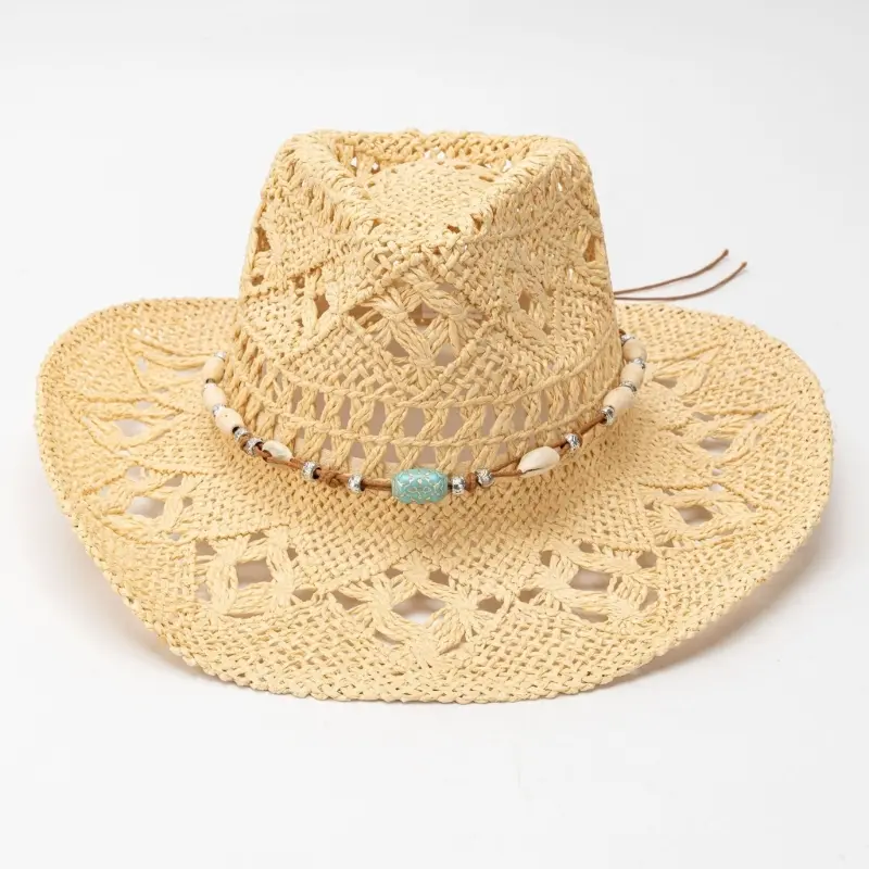 652F Breathable Bead Band Straw Hat Women Bohemian Vacation Hat Wide Brims Travel Panama Hat Beachwear Hat for Leisure Outfit