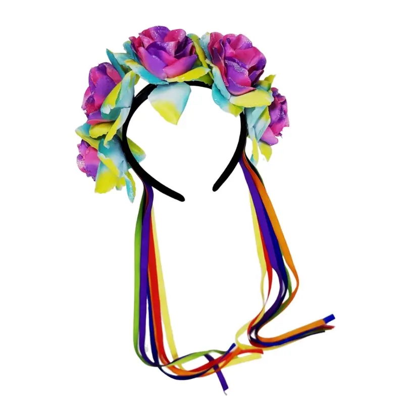 652F Rose Rainbow Floral Hairband Hair Hoop Gothic Flower Tassels Hair Styling for Live Show Headbands Gothic Carnivals
